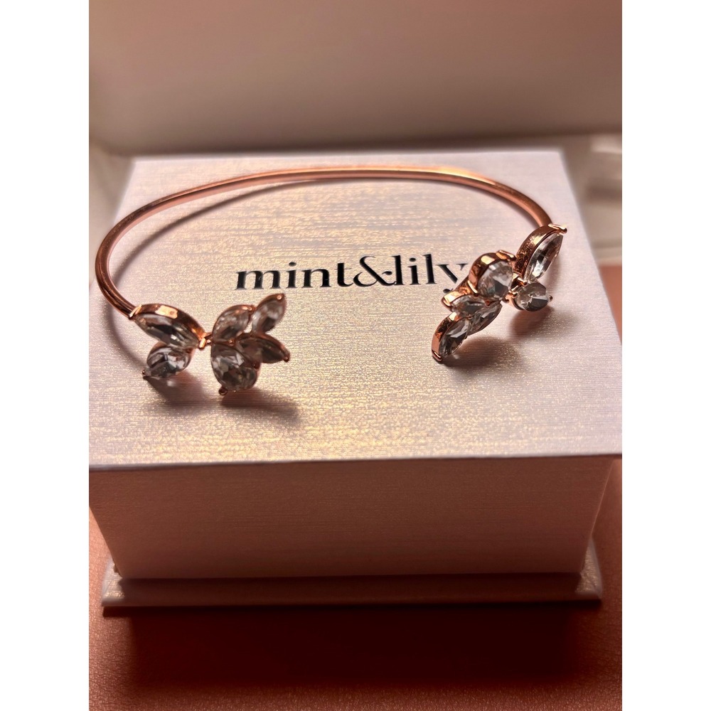 Mint & Lily Rose Gold Tone Crystal Floral Leaf Open Cuff Bracelet with Box